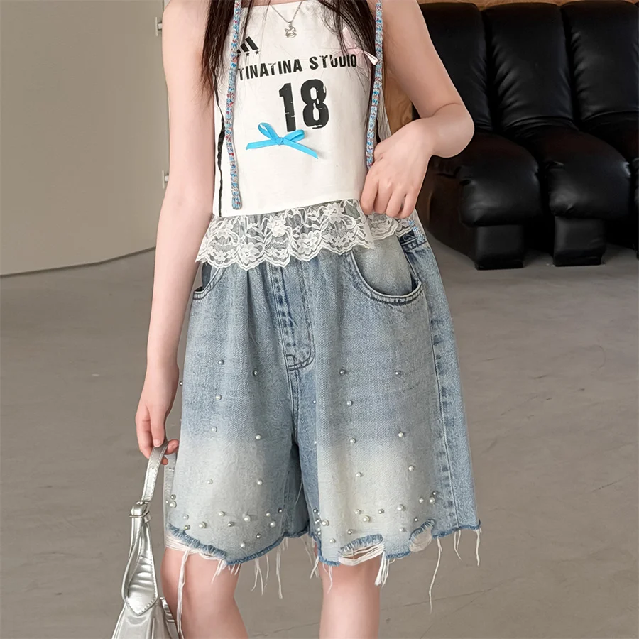 

Vintage Kids Summer Ripped Denim Shorts with Pearl for Teen Girls y2k Mini Jeans Pants Children Harajuku Hip Hop Shorts Age 5-14