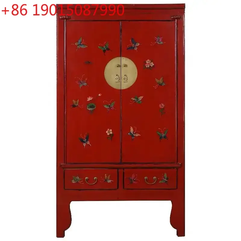 

New Chinese solid wood hand-painted large wardrobe neoclassical retro painted old large wardrobe storage cabinet
