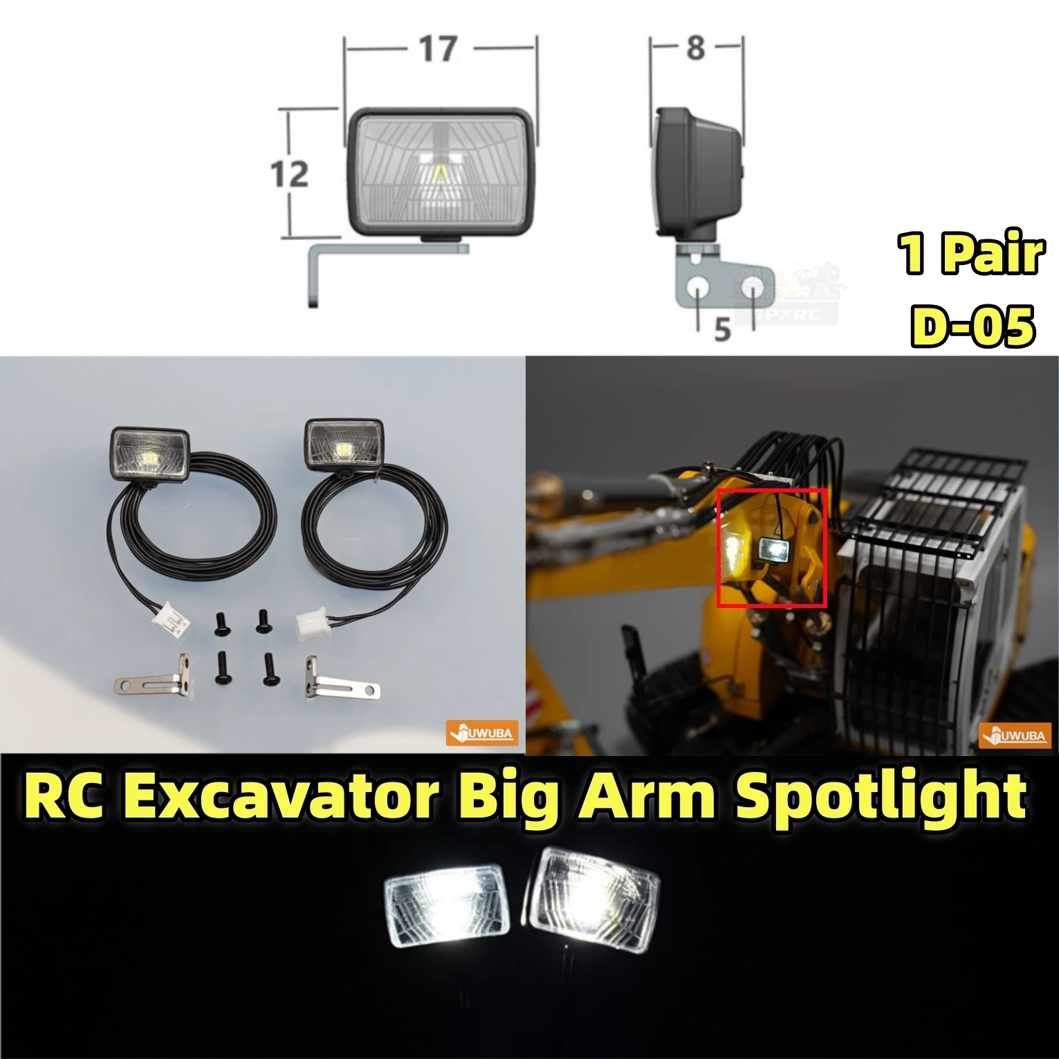 

Upgrade Excavator Big Arm Spotlight D-05 LED Headlight Lighting ABS For Tamiya RC 1/14 Construction Machinery Trailer Toy Parts
