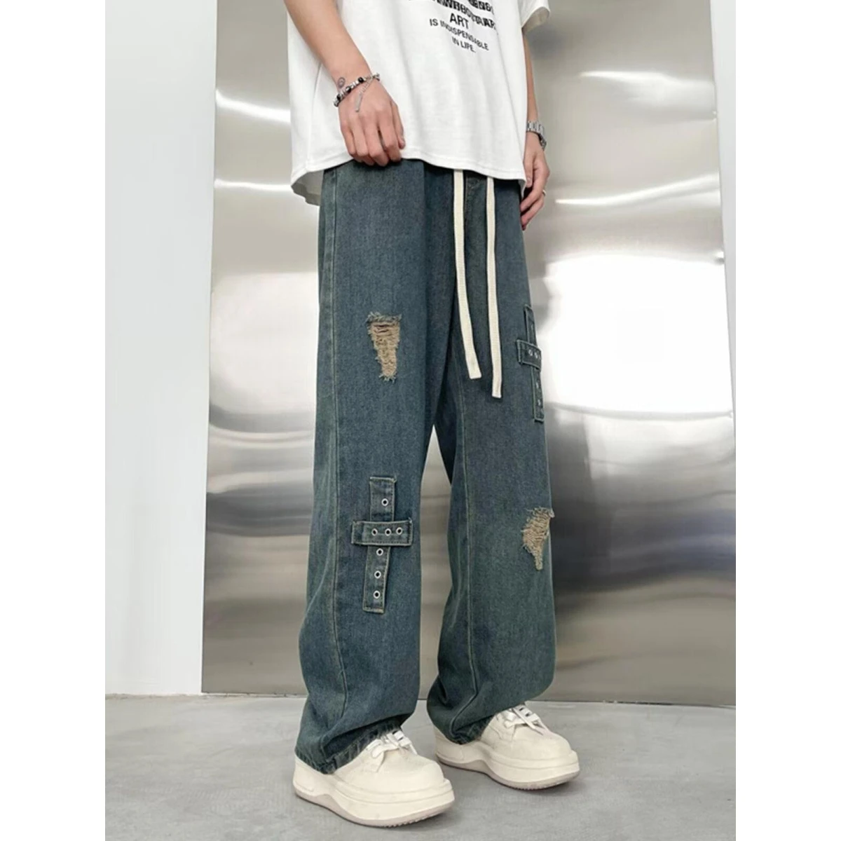 

Blue Men's Jeans Wide Leg Pants Dstring Loose Dungarees Youth Faion Spring Autumn Casual Cotton Trousers