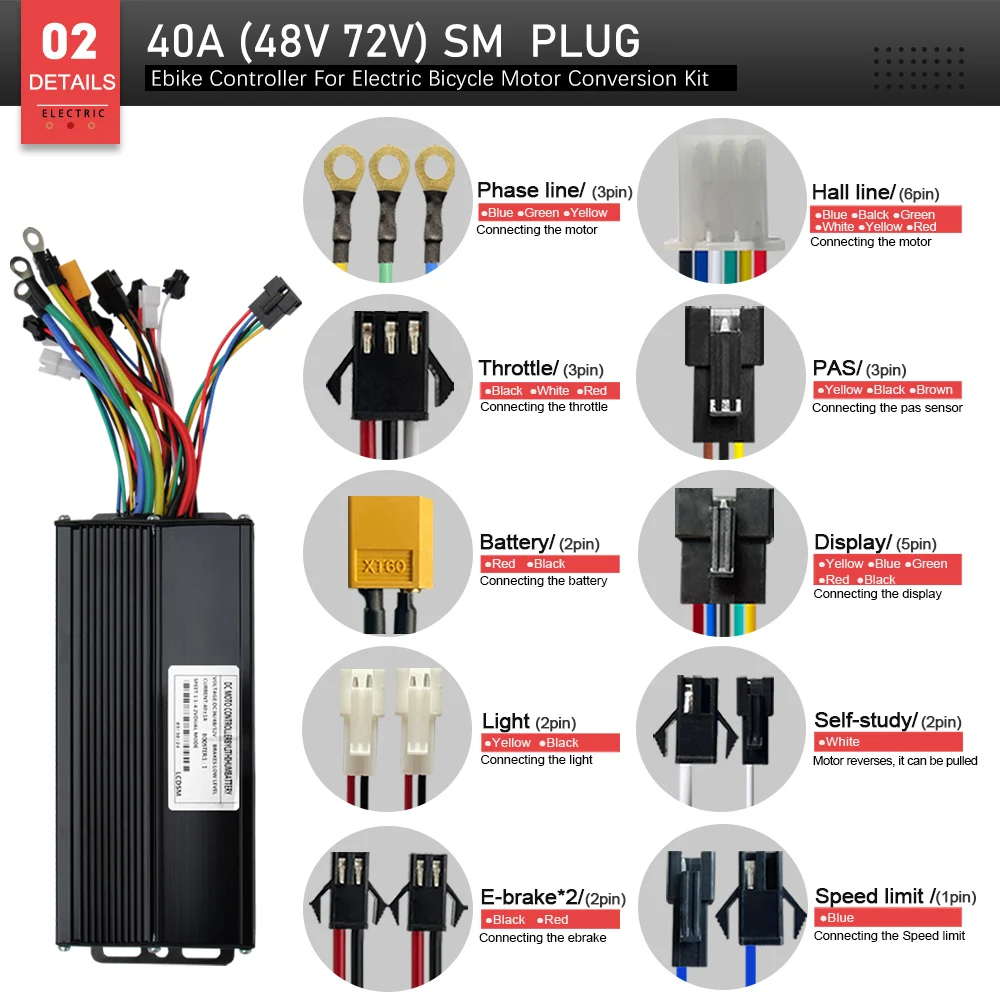 

Ebike Sine Wave Three-Mode Controller 40A 48V-72V with UKC1 Color LCD Display PAS For 2000W Electric Bicycle Conversion Kit