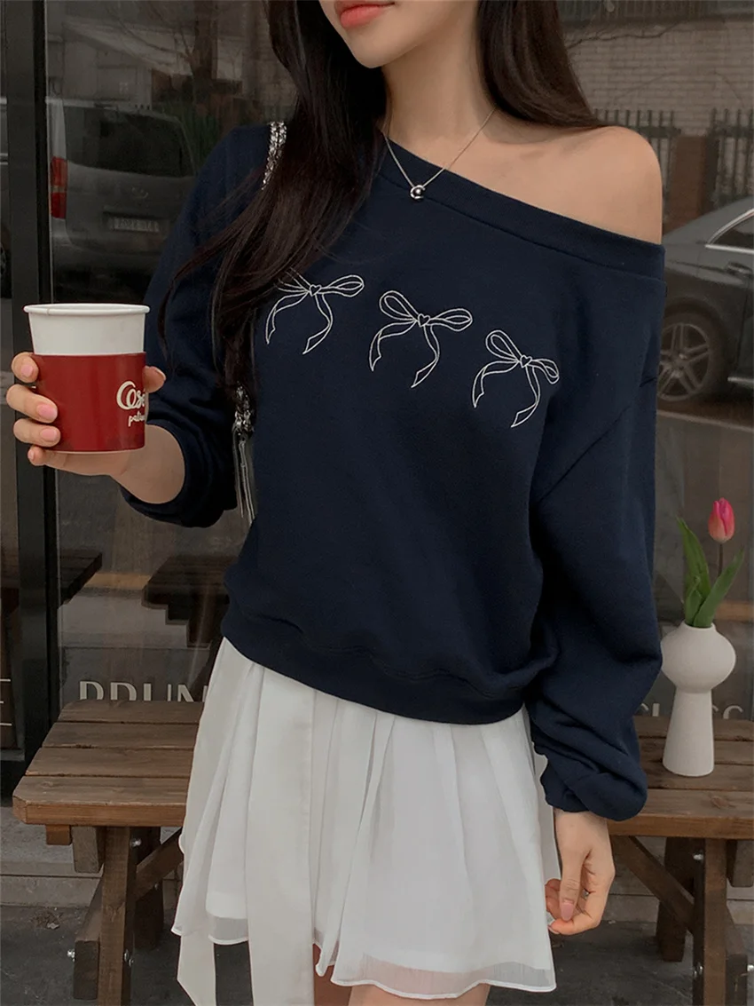 

Alien Kitty Autumn Loose Sweatshirts Women Skew Collar New 2024 Casual Chic All Match Sweet Gentle Slim Off Shoulders Daily