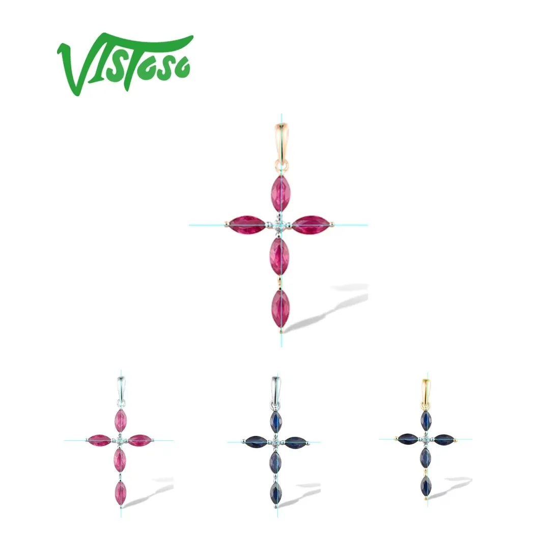 

VISTOSO Pure 14K 585 White Yellow Rose Gold Cross Pendant For Women Shiny Ruby/Blue Sapphire Diamond Wedding Gift Fine Jewelry