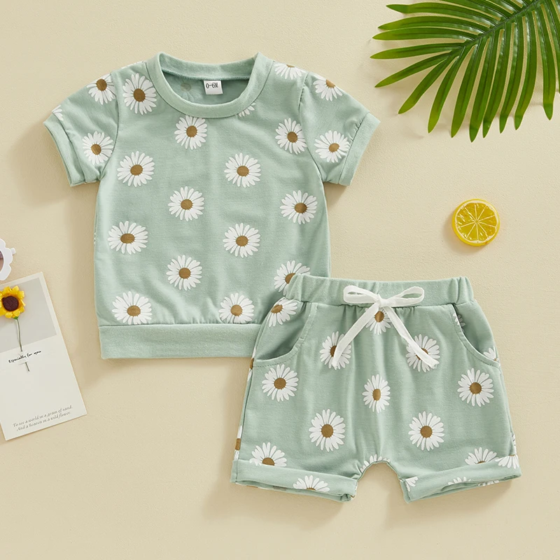 

Toddler Newborn Baby Girls Summer Clothes Short Sleeve Daisy Print Crew Neck T-Shirt Elastic Rolled Shorts Set