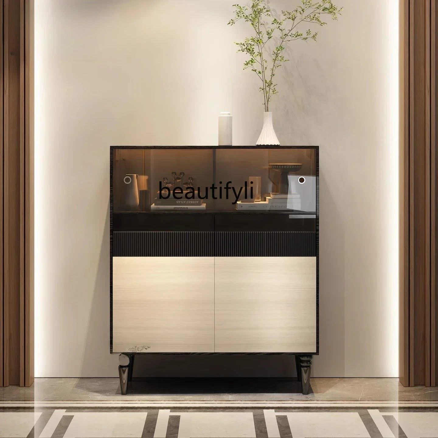 Hot sales French retro wine cabinet villa living room, medieval decorative side cabinet with sensor light solid wood high cabine