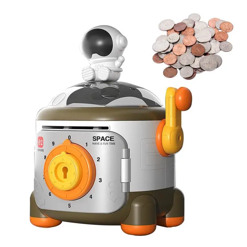 Hand Crank Money Boxes Key Password Protection Coin Box with Night Light Design Cute Spaceman Home Decor Toys Gift Desk