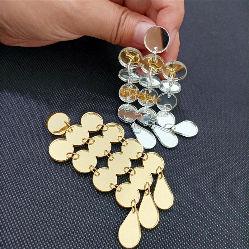 KUGUYS Dots Big Mirror Drop Earrings for Women Geometric Silver Gold Color Trendy Acrylic Jewelry Accessories