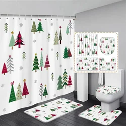 Christmas Tree Shower Curtain Red Green Christmas Pine Tree Snowflake Winter Holiday Shower Curtains Carpet Sets Bathroom Decor