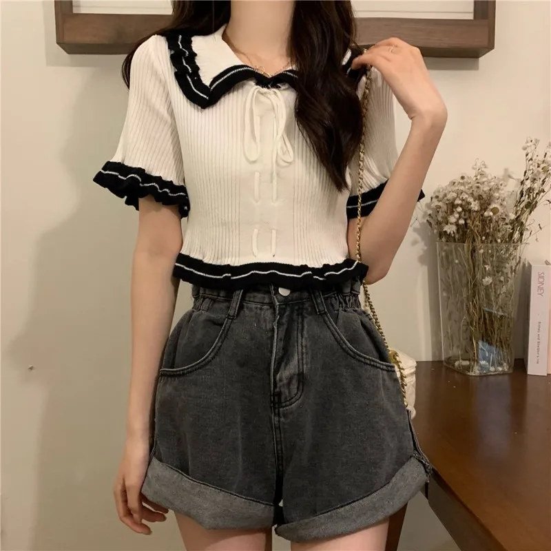 Short-sleeved T-shirts Women Summer French Style Ruffles Peter Pan Collar Bow Lace-up Office Lady Daily Basics Short Tops Female