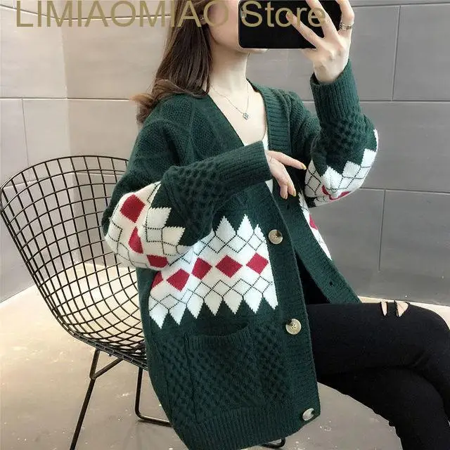 New Diamond Plaid Vintage Long Sleeve Acrylic Knitted Single Breasted Loose Women Sweater Korean Fashion Cardigan Autumn Winter