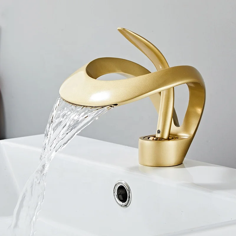 Kunst deck montiert heiß kalt Wasserhahn Messing gebürstet Gold Bad mischer Wasserhähne Wasserfall Waschbecken Wasserhahn kreative ausgehöhlte Design