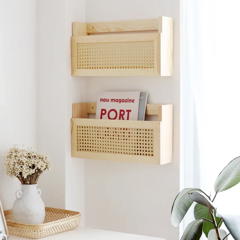 Kid's Study Book Shelf Wall Decoration Magazine Storage Solid Wood Rattan Newspaper Rack Wall Hanging Partition Display Stand