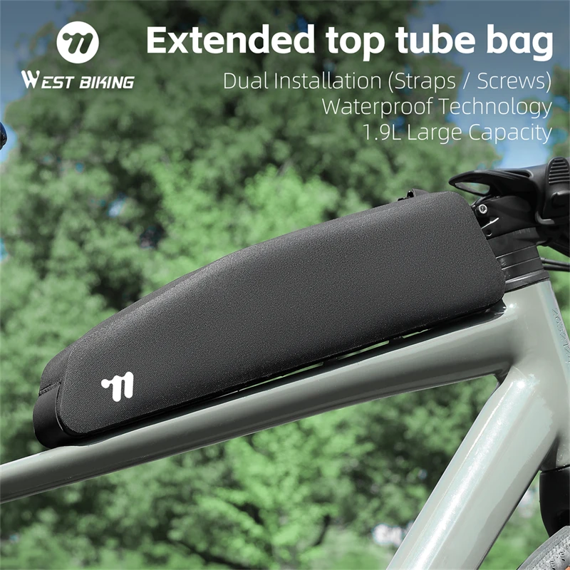 Sac de cadre supérieur étroit pour vélo WEST BIKING 1,9 L, fixation par vis et sangle, étanche, pour BMX, VTT, vélo de route