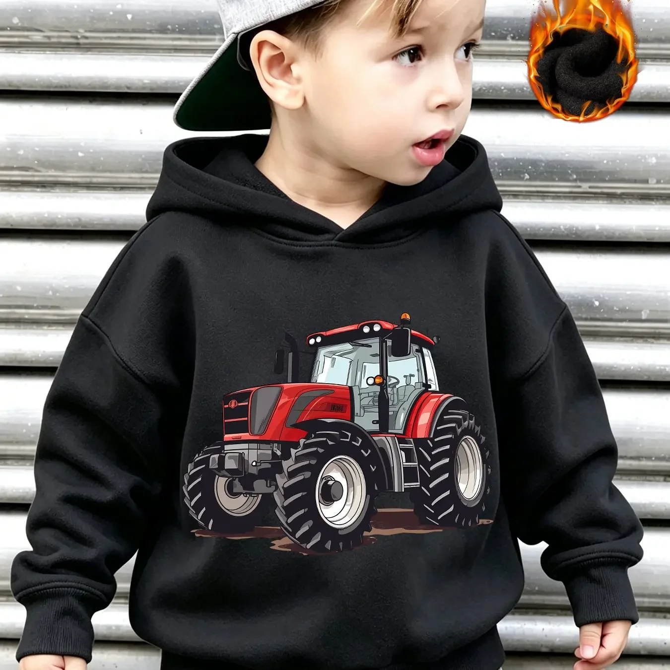 Boys' Autumn Winter Fashion Fleece-Lined Hooded Sweatshirt, Tractor Pattern Print Loose Casual Long Sleeve Hoodie