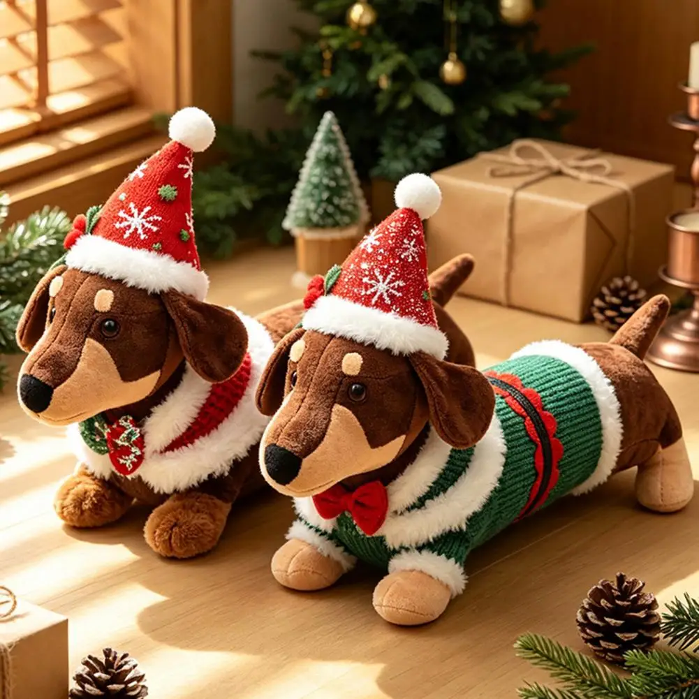 Dachshund Christmas Plush Toy Christmas Decor Plushie Christmas Dachshund Plush Toy with Santa Hat Soft Dog Stuffed Holiday