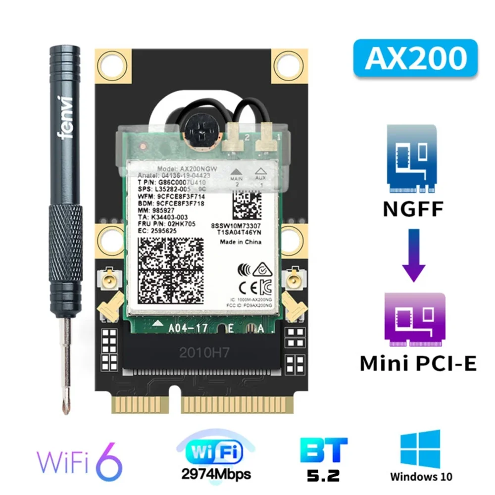 무선 와이파이 카드, 2974Mbps 미니 PCI-E, AX210, AX200, 와이파이 6 어댑터, 블루투스 5.2, AX200NGW, 802.11ax, 2.4G, 5G, Win10, 11 용