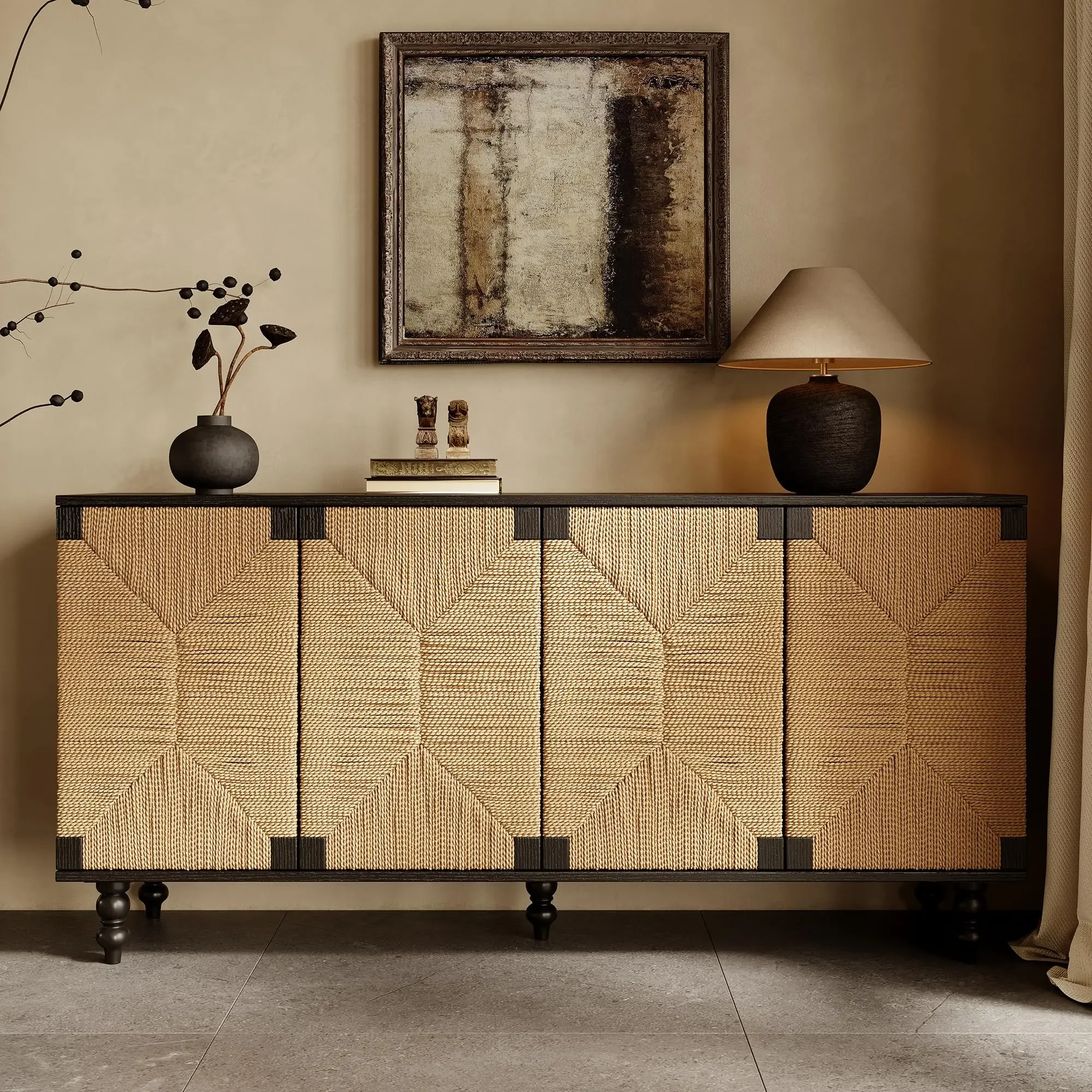 

Boho Natural Seagrass Sideboard Cabinet With 4 Doors And Adjustable Shelves For Living Room Entryway