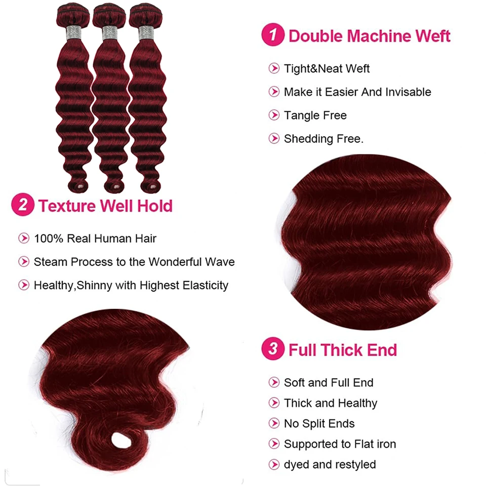 Loose Deep Wave Human Hair Bundles with 4x4 Closure 99j Burgundy Colored Bundles with closure Reddish Brown Colored Human Hair