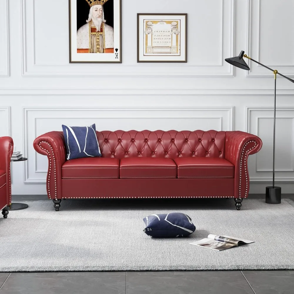 Chesterfield Sofa Leather, Modern PU Tufted Couch 3 Seater with Rolled Arms and Nailhead for Living Room, Bedroom, Office