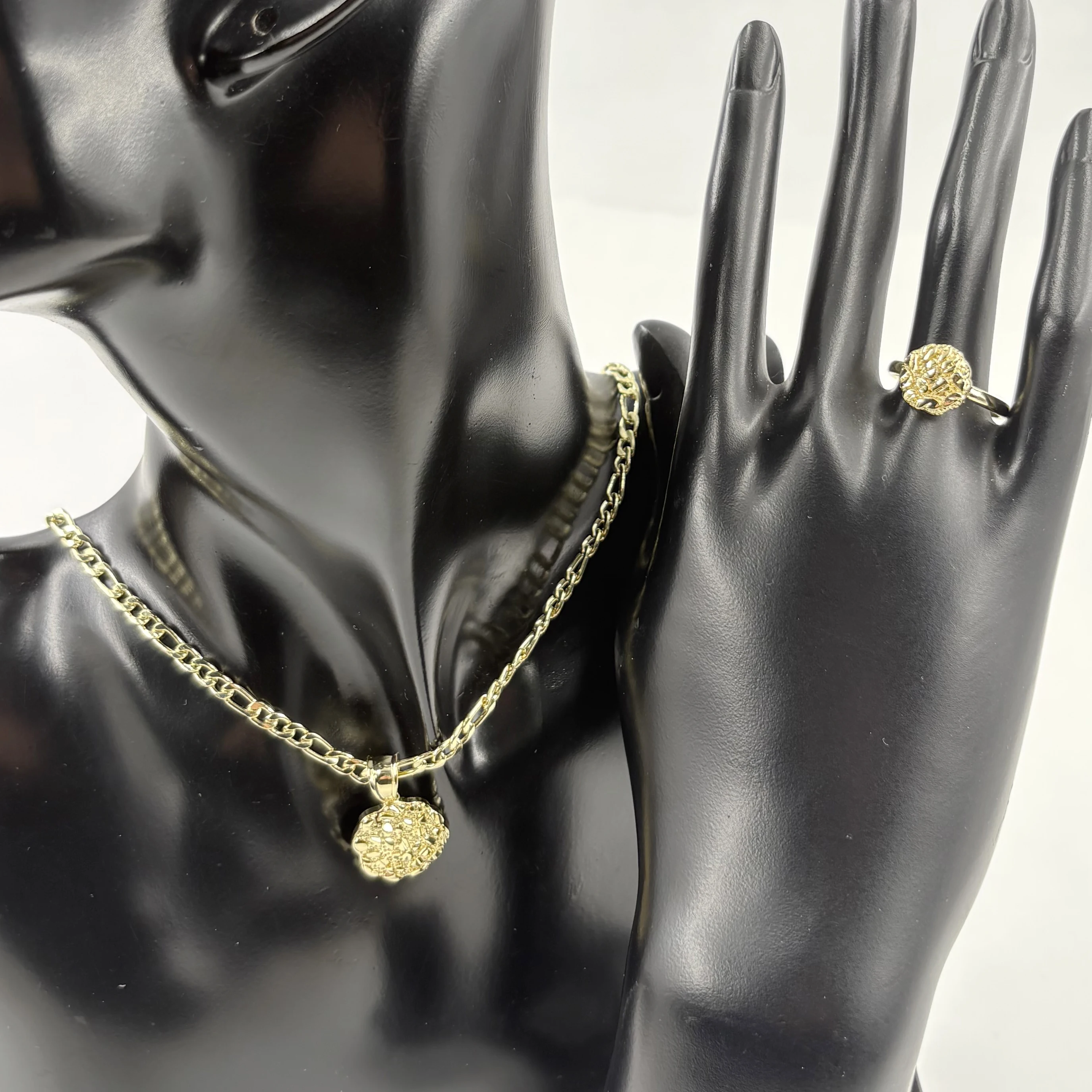 

14k Golden Women's Fashion Jewelry Gift round Flower Nugget Pendant with Figaro Chain Cookie Textured Hip Hop Style for Girls