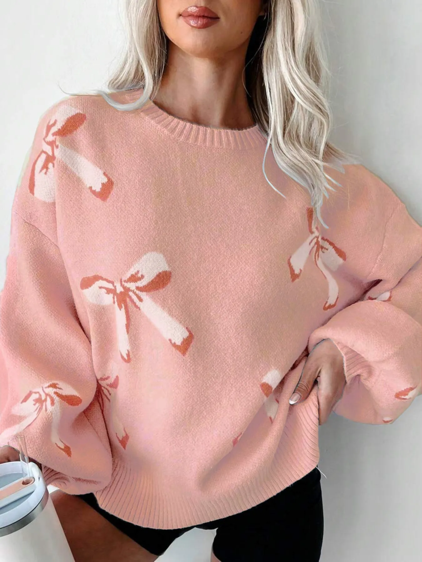 Women's Multi-Color Bow Pattern Crew Neck Knit Sweater Oversized Casual Long Sleeve Pullover (Blue/Pink/Khaki)