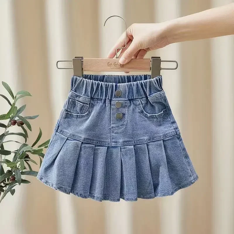 Kids Girls Denim Skirt Summer 2023 New Childrens Outerwear Summer Pleated Skirt Versatile Short Skirt For Girls And Babies