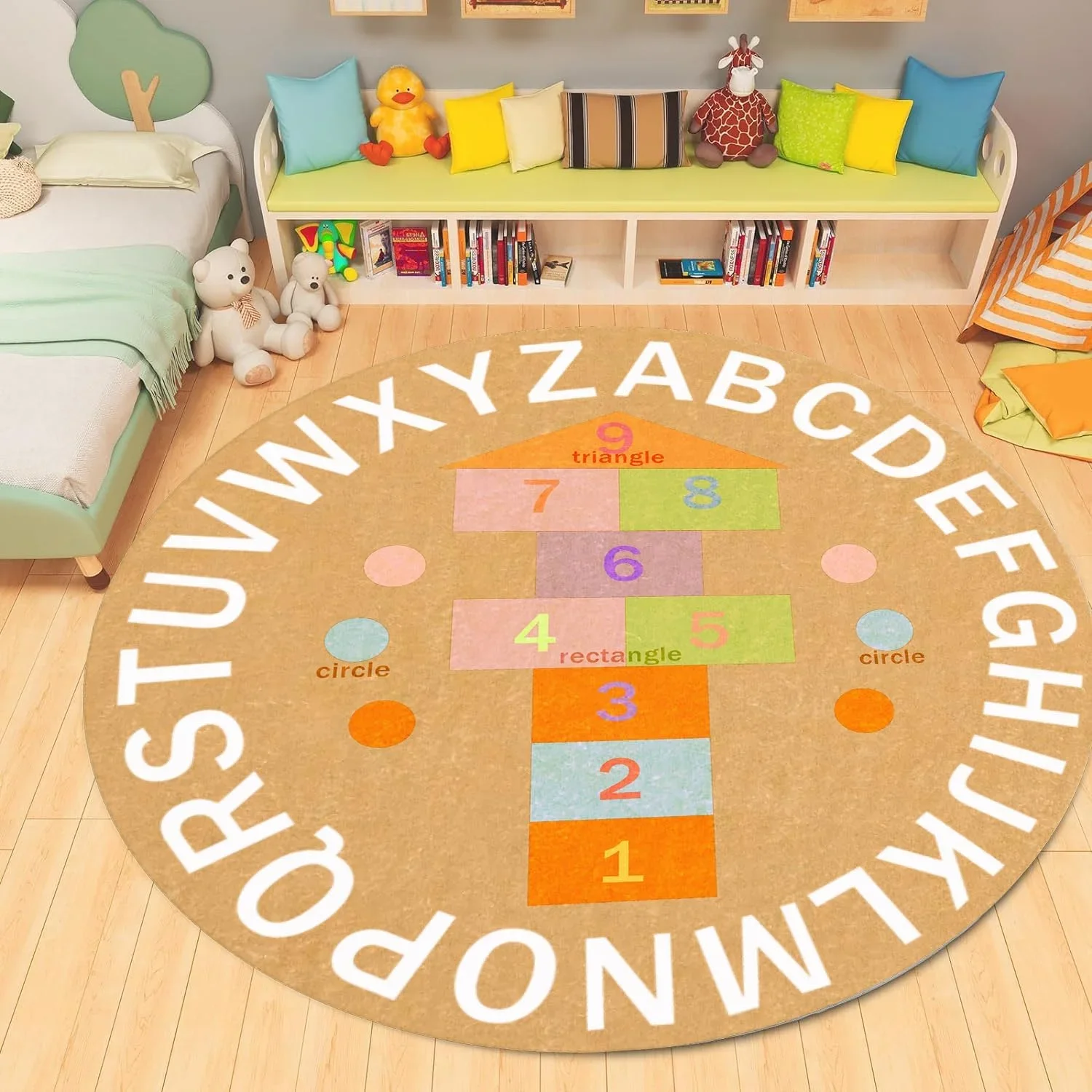 Educational Hopscotch and Alphabet Round Rug Kids Learning Game Design Non Slip Floor Mat for Nursery