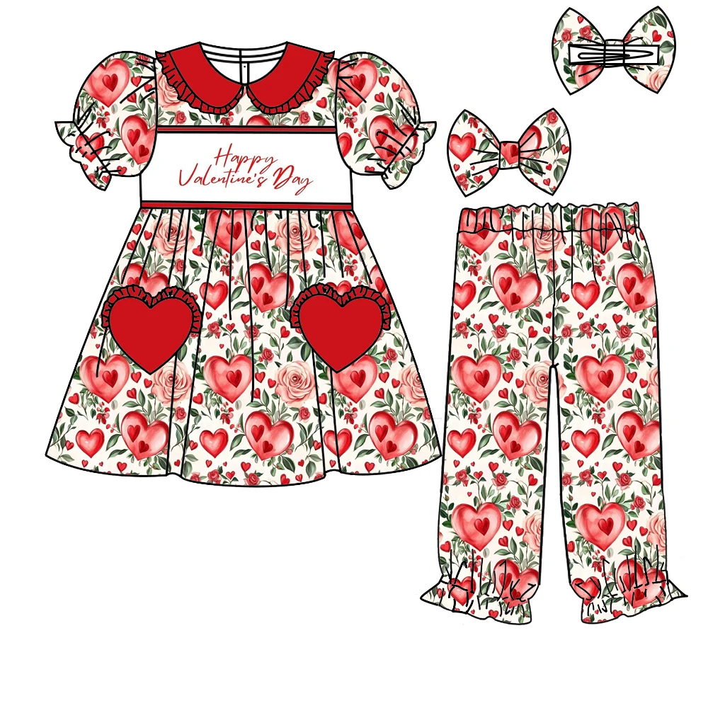 Dia dos namorados boutique terno infantil de manga curta elástico flor coração impressão calças menina terno roupas de bebê