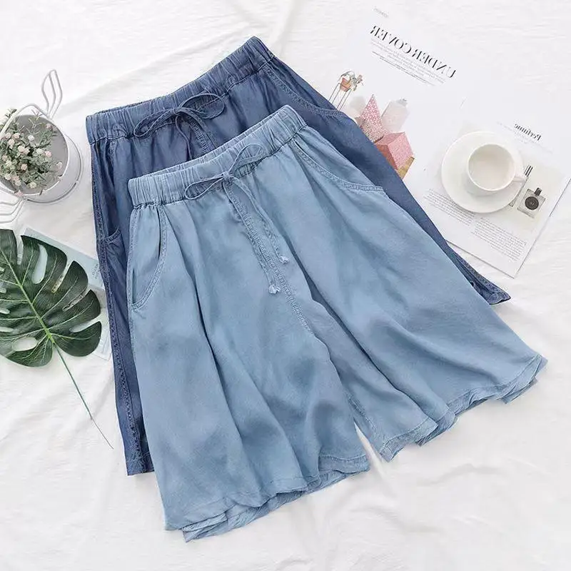 Ice Silk Denim Women's Shorts 2024 Summer New Loose Drawstring Sagging Elastic Waist Wide Leg Short Hot Pants Ropa De Mujer