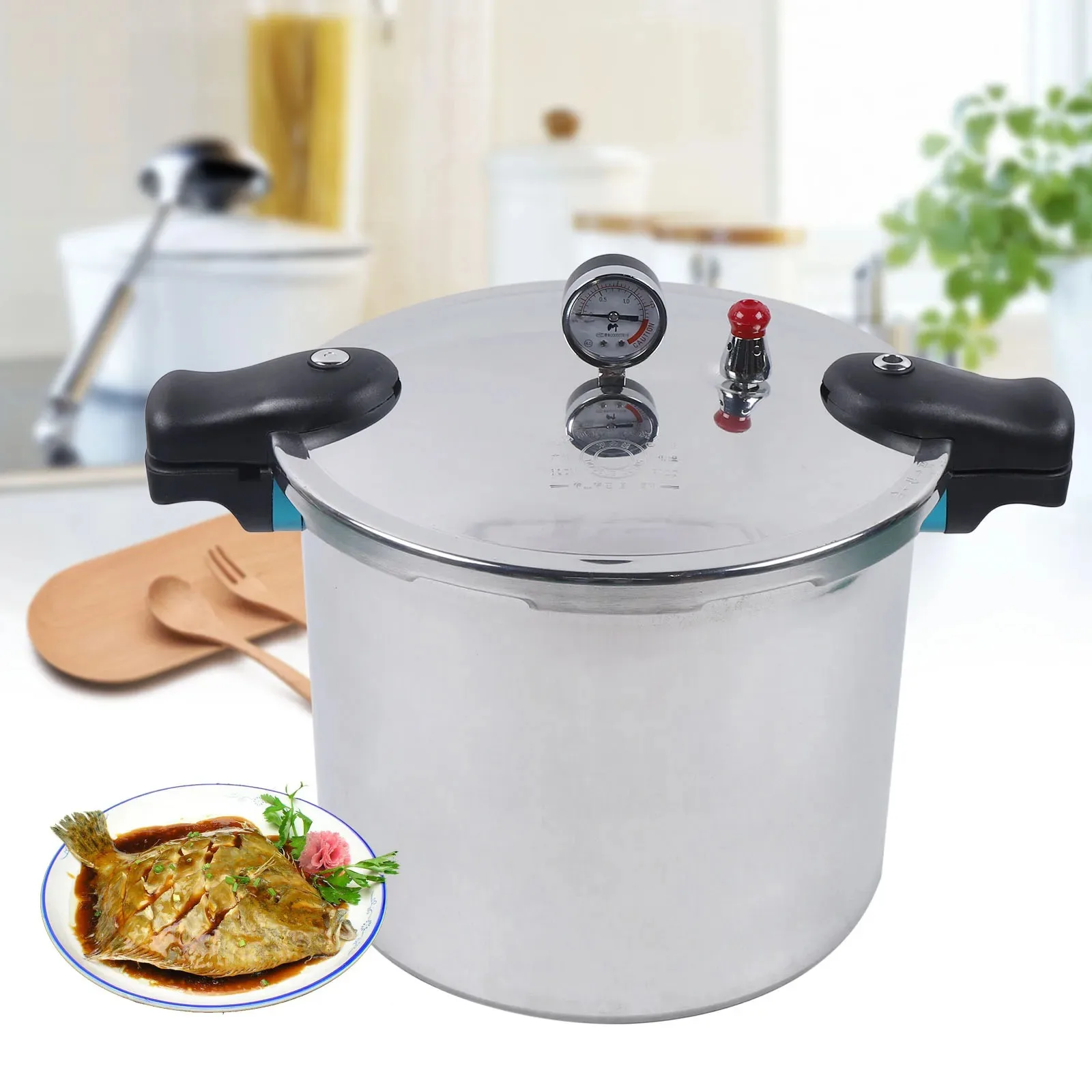

22L 90Kpa Silver Large Capacity Pressure Canner Cooker With Pressure Gauge 10PSI Preserver Explosion Proof Safety