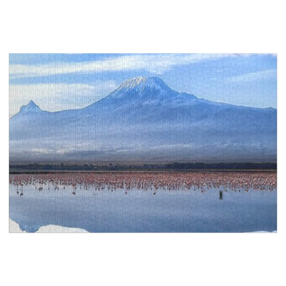 Cute View Of Mt. Kilimanjaro and Flamingos on the lake Jigsaw Puzzle Custom Gift Animal Jigsaw For Kids Wood Adults Puzzle