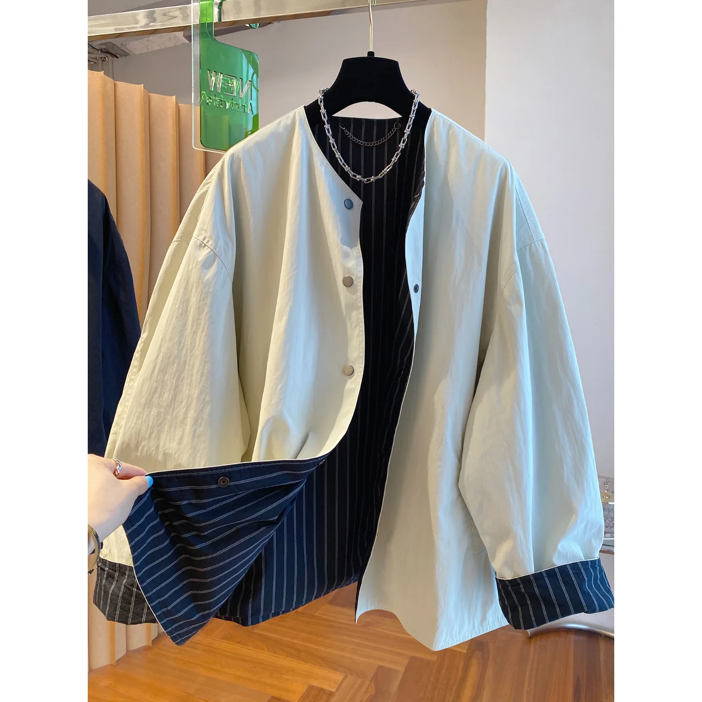 Double-Sided Wear Women's Jacket Spring Autumn Loose Casual Collarless Windbreaker Top Fashionable Versatile Comfortable Fit
