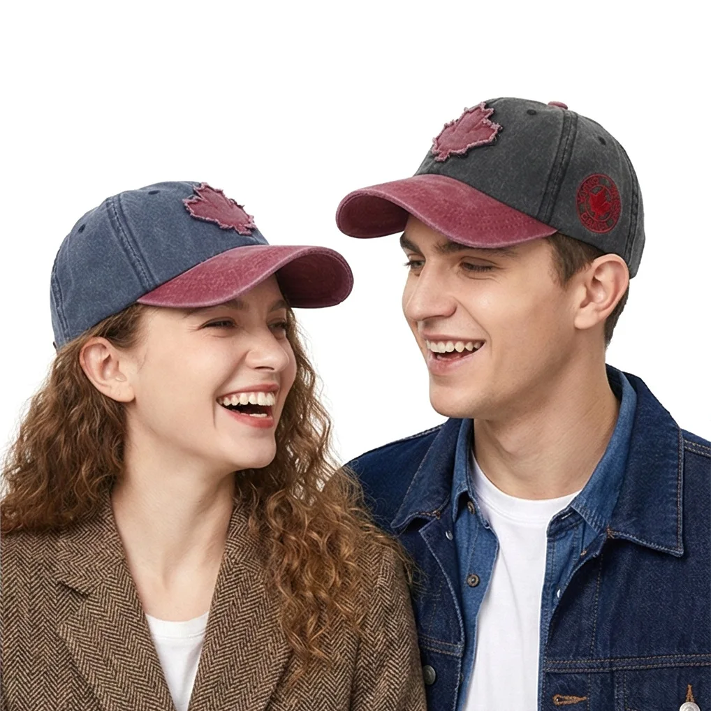 Vintage Distressed Maple Leaf Embroidered Baseball Cap, Washed Denim Texture, Suitable for Outdoor Sun Protection, Street Fashion Unisex Cap, Holiday Gift