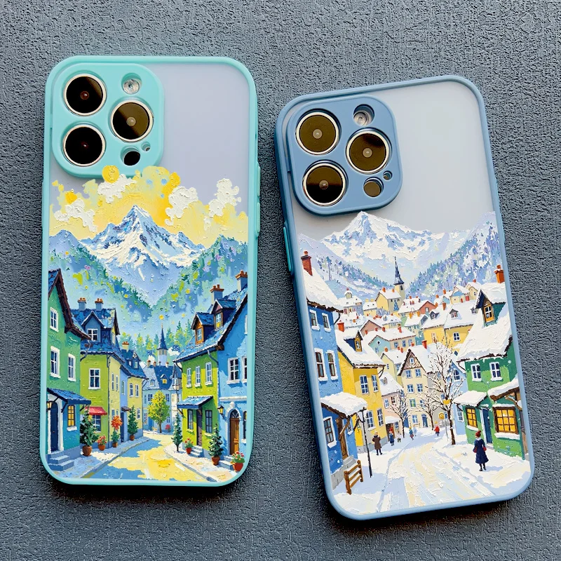 

Street View Snow Mountain Phone Case For iPhone 16 15 14 13 12 11 Pro Max Mini X XS XR SE 7 8 Plus Shockproof Hard Cover Fundas