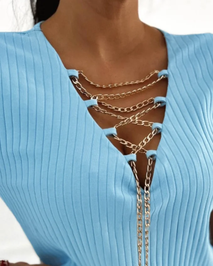 

Women's Fashion Sexy Skinny Tee Summer New Female Plunge V Neck Criss Cross Chain Decor Top Casual Short Sleeve Ribbed T-Shirt