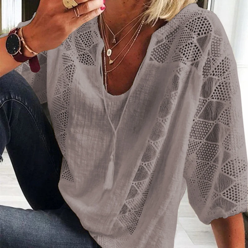 Fashion Hollow Out Tops 2023 Summer V-neck Short Sleeve Cotton White Shirt Women Casual Loose Stitching Lace Blouse Blusas 24294