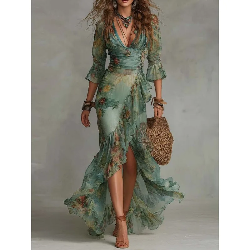 Fashion Sexy Dress Summer Retro Bohemian Print Holiday Style V-neck Lotus Leaf Sleeve Pleated Slit Irregular Dresses Vestidos