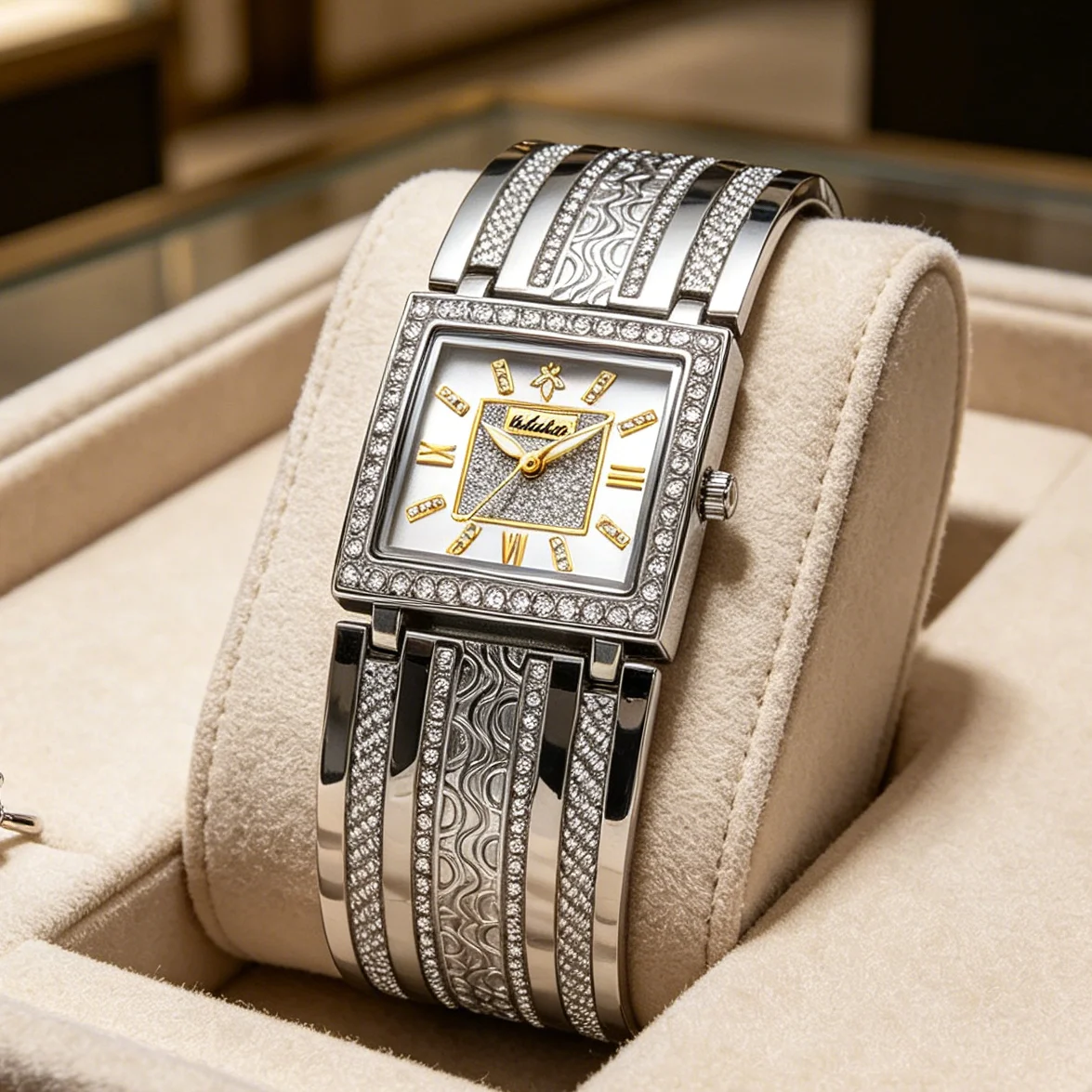 YaLaLuSi Bling Full Diamond Women Bangle Watch Two-tone Square Roman Scale Wavy  Bracelet Elegant Party Dress Quartz Watch
