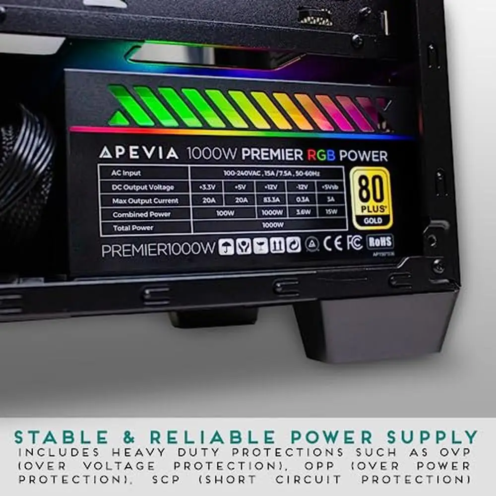 1000W 80  zlato certifikované semi-modular ATX energie poskytnout pcie 5.0/gen 5 12VHPWR konektor aktivní PFC 135mm RGB fanoušek podporuje