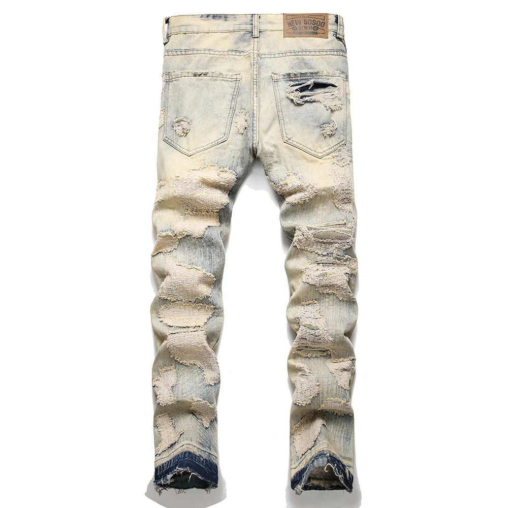 Men Holes Ripped Patchwork Denim Jeans Vintage Blue Distressed Patches Pants Slim Straight Trousers