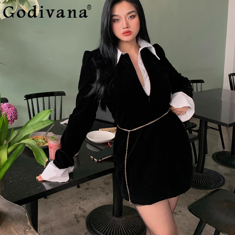 

Girl Plus Size Contrasting Color A-line Spring Shirt Velvet Short Dress Street Fake Two Pieces V-Neck Black Long Sleeve Dresses