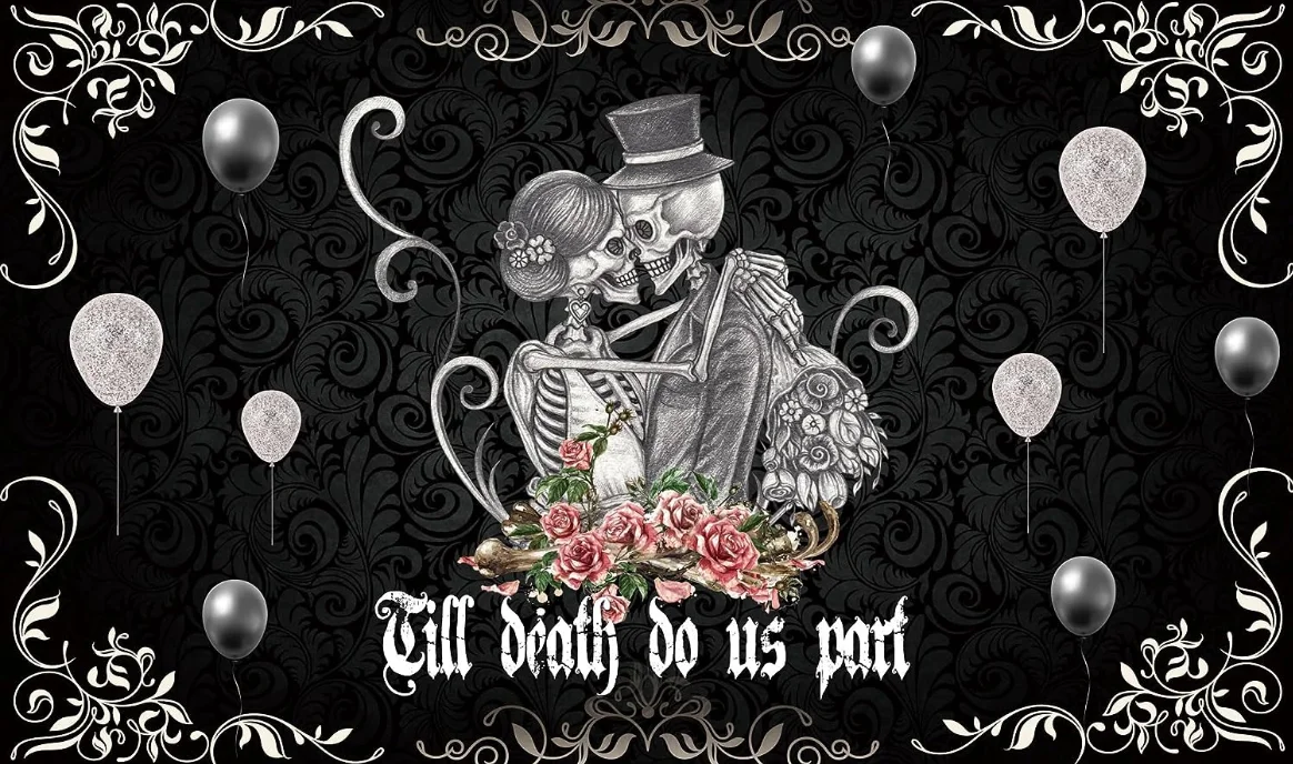 Till Death Do Us Part Backdrop Halloween Wedding Gothic Bridal Shower Background Mr and Mrs Bride and Groom Skull Anniversary