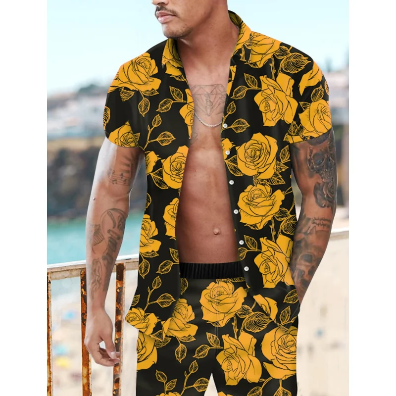 

3D Rose Printed Shirts For Men Fashion Trend Streetwear Floral Pattern Lapel Short Sleeve Beach Shirt Casual Oversized Blouse