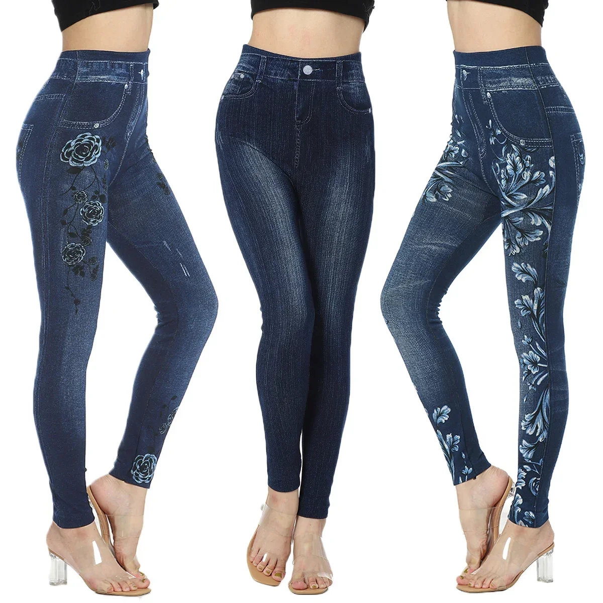 Seamless Leggings Women Print Jeggings Cotton 2022 Sexy Girl Casual High Waist Faux Jeans Denim Femme Pantalon Fitness Leggings