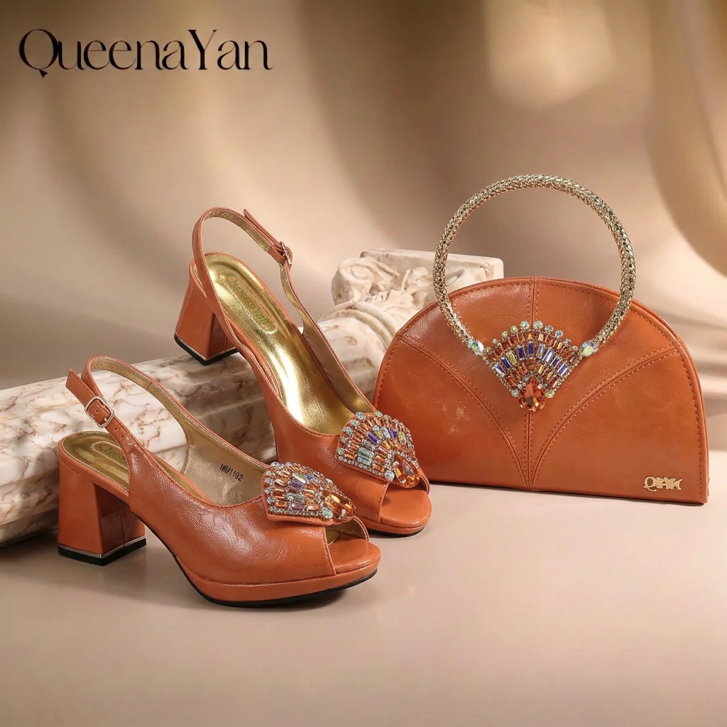 2026 New Orange Peep Toe Heel Shoes and Bag Set Crystal Rhinestone Decor Platform Slingback Heels Elegant Ladies Matching set view 2
