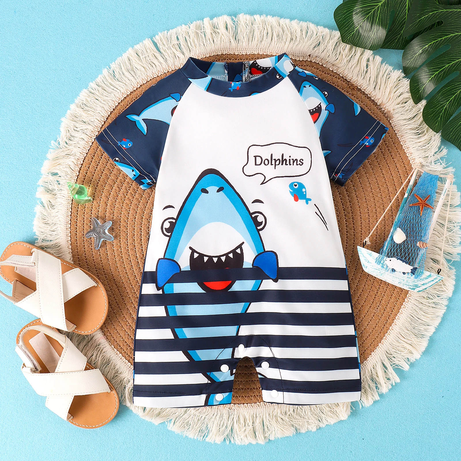 Summer 0-2 Years Old Fashion Trend Cute Baby Universal Comfortable Soft Shark Print Clear Swimsuit Jumpsuit Personality