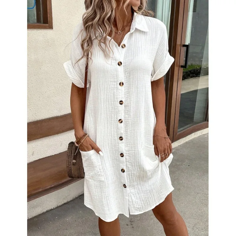 Gonna camicia da donna in canapa di cotone con bottoni e scollo a V minimalista estivo 2025