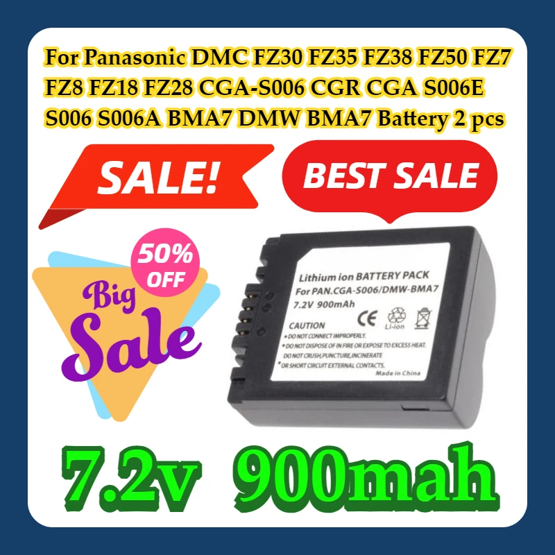 

For Panasonic DMC FZ30 FZ35 FZ38 FZ50 FZ7 FZ8 FZ18 FZ28 CGA-S006 CGR CGA S006E S006 S006A BMA7 DMW BMA7 Battery 2 pcs