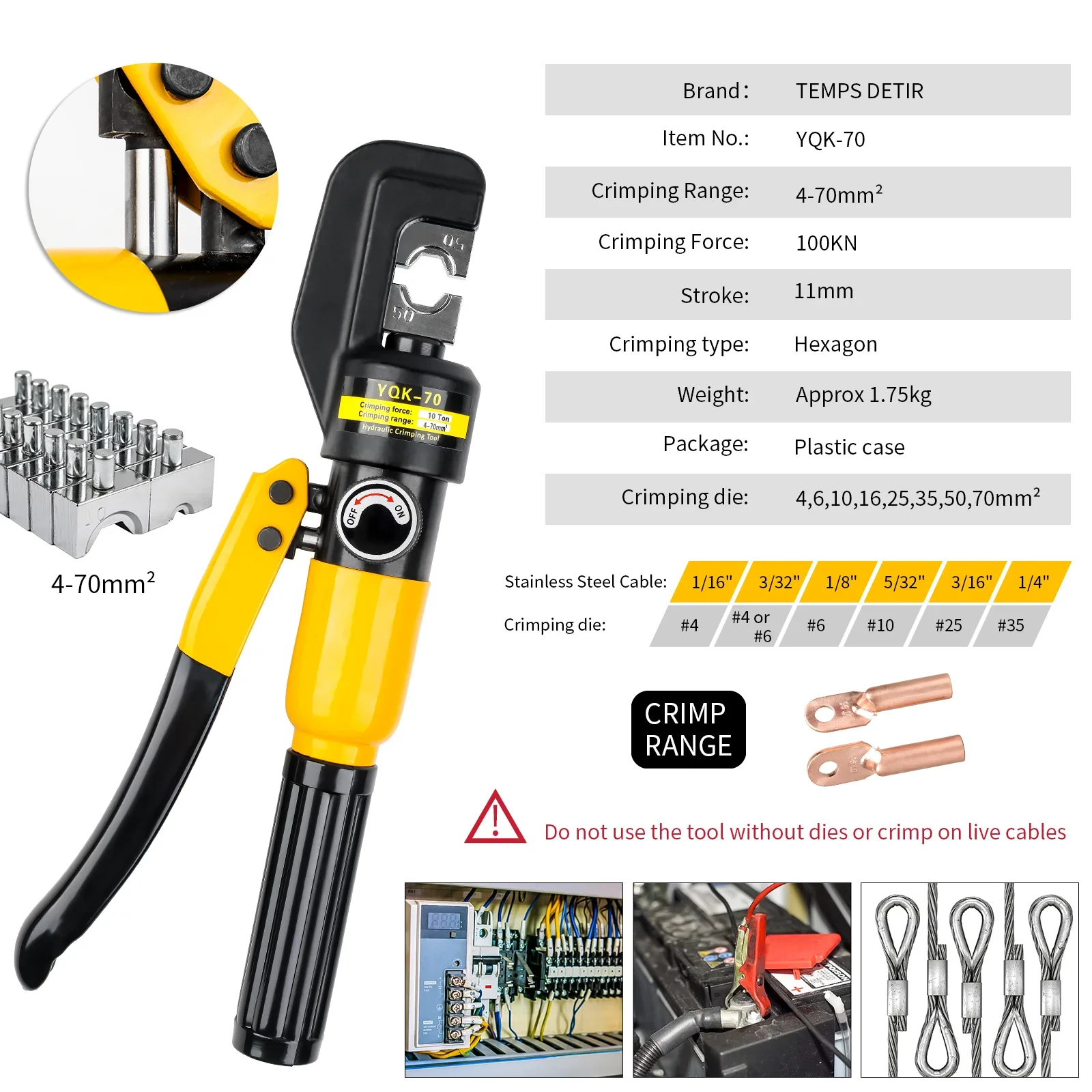 10T Hydraulic Cable Lug Crimper Kit - ขั้วต่อไฟฟ้าเครื่องมือลวดพร้อม 4-70mm2 Dies & Scissor