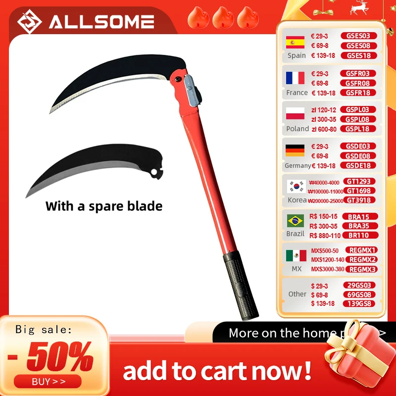 Agricultural Folding Sickle Long Handle  Folding Scythe Lawn Mower Gardening Grass Weeding Knife with spare blade Garden Tool